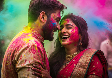 Close-up of a joyful couple embracing during the Holi festival. Generative Aiの素材