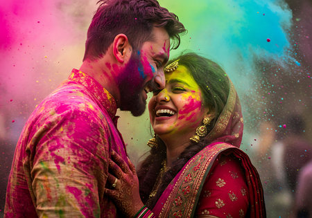 Close-up of a joyful couple embracing during the Holi festival. Generative Aiの素材