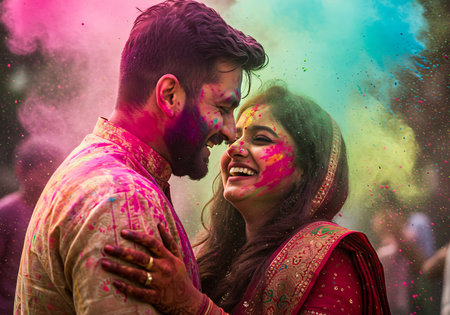 Close-up of a joyful couple embracing during the Holi festival. Generative Aiの素材