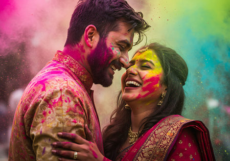 Close-up of a joyful couple embracing during the Holi festival. Generative Aiの素材