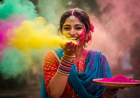 A vibrant and joyful image of a woman celebrating Holi, the Indian festival of colors. Generative Aiの素材