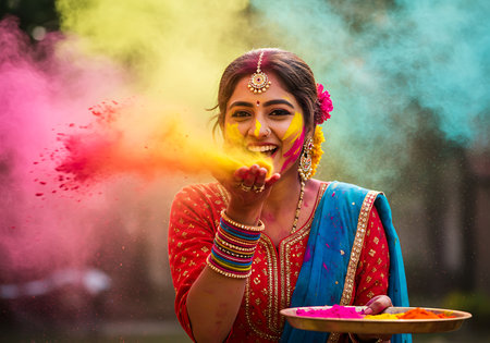 A vibrant and joyful image of a woman celebrating Holi, the Indian festival of colors. Generative Aiの素材