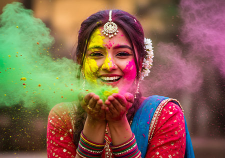 Close-up of a beautiful Indian woman celebrating Holi, the festival of colors. Generative Aiの素材