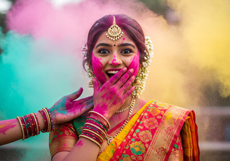 Close-up of a joyful woman adorned with traditional Indian jewelry and clothing, covered in vibrant Holi colors. Generative Aiの素材