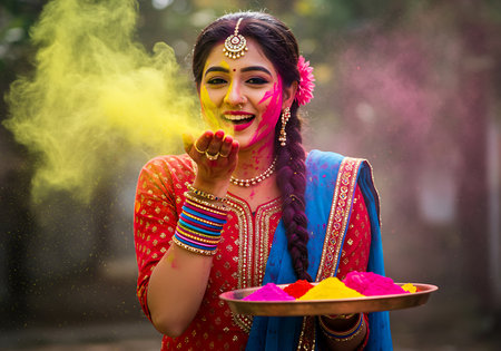 A vibrant and joyful image of a woman celebrating Holi, the Indian festival of colors. Generative Aiの素材