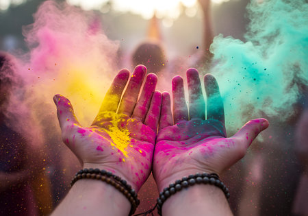 Close-up view of hands covered in vibrant Holi colors, specifically pink and yellow, with colorful powder flying around. Generative Aiの素材
