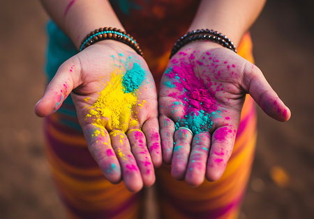 Close-up view of hands covered in vibrant pink, teal, and yellow Holi powder. Generative Aiの素材