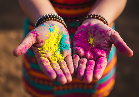 Close-up view of hands covered in vibrant pink, teal, and yellow Holi powder. Generative Aiの素材