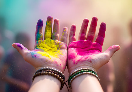 Close-up view of hands covered in vibrant Holi colors, specifically pink and yellow, with colorful powder flying around. Generative Aiの素材