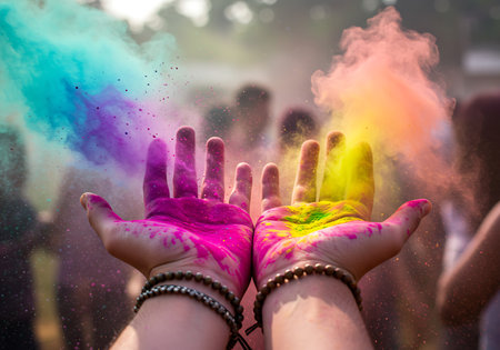 Close-up view of hands covered in vibrant Holi powder colors, amidst a festive crowd. Generative Aiの素材