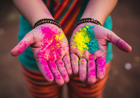 Close-up view of hands covered in vibrant pink, teal, and yellow Holi powder. Generative Aiの素材