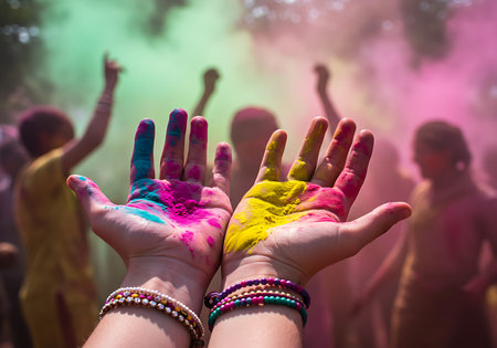 Close-up view of hands covered in vibrant Holi powder colors, amidst a festive crowd. Generative Aiの素材