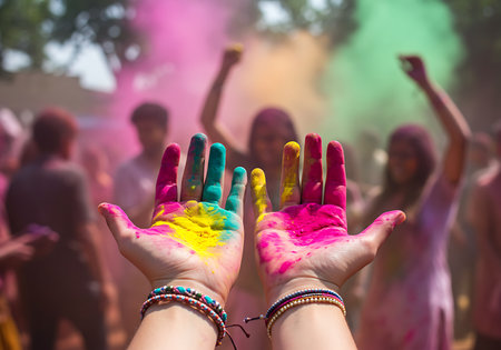 Close-up view of hands covered in vibrant Holi powder colors, amidst a festive crowd. Generative Aiの素材
