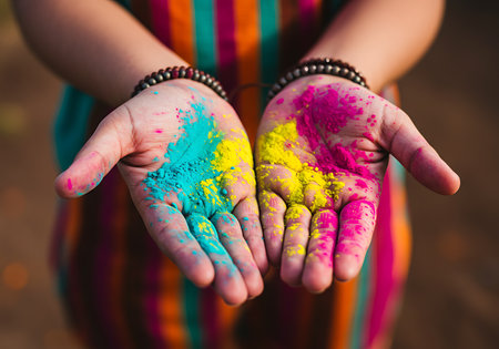 Close-up view of hands covered in vibrant pink, teal, and yellow Holi powder. Generative Aiの素材
