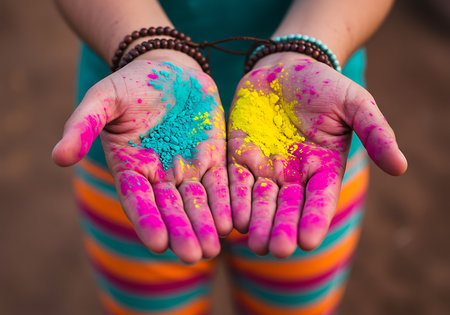 Close-up view of hands covered in vibrant pink, teal, and yellow Holi powder. Generative Aiの素材