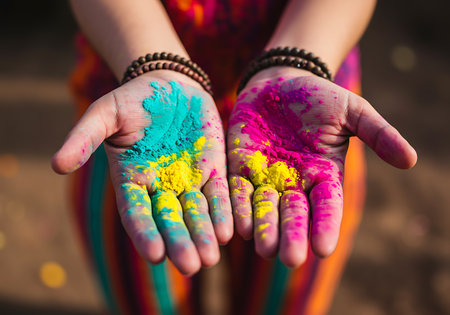 Close-up view of hands covered in vibrant pink, teal, and yellow Holi powder. Generative Aiの素材