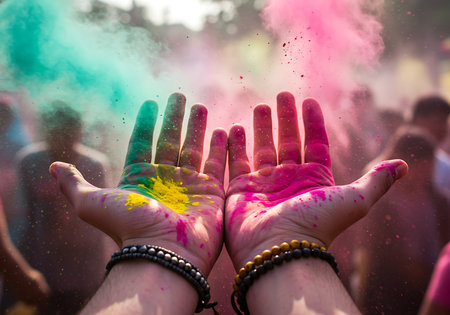 Close-up view of hands covered in vibrant Holi powder colors, amidst a festive crowd. Generative Aiの素材