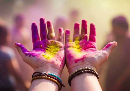 Close-up of hands covered in vibrant pink and yellow Holi powder, a traditional Indian festival of colors. Generative Aiの素材
