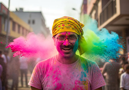 A vibrant close-up shot of a man experiencing the Holi festival. Generative Aiの素材