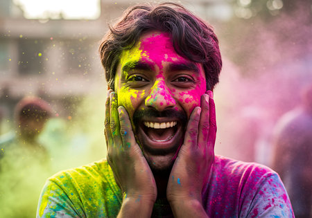 Close-up portrait of a man covered in vibrant Holi powder, expressing joyful excitement. Generative Aiの素材