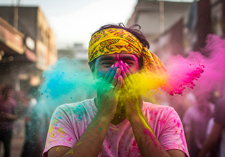 A vibrant close-up shot of a man experiencing the Holi festival. Generative Aiの素材