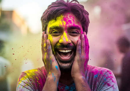 Close-up portrait of a man covered in vibrant Holi powder, expressing joyful excitement. Generative Aiの素材