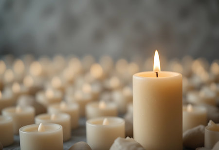 A single, tall, white candle, brightly lit, stands out in a sea of smaller, equally lit candles. Generative Aiの素材