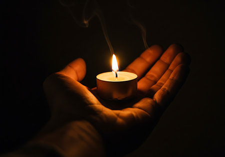 Close-up of a hand holding a small tea light candle in a dark setting. Generative Aiの素材