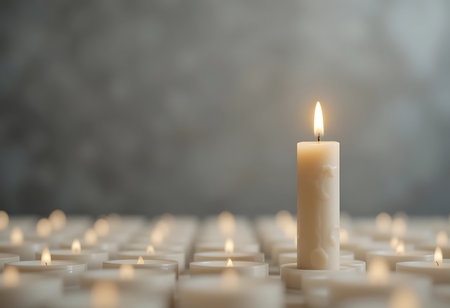 A single, tall, white candle, brightly lit, stands out in a sea of smaller, equally lit candles. Generative Aiの素材