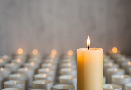 A single, tall, white candle, brightly lit, stands out in a sea of smaller, equally lit candles. Generative Aiの素材