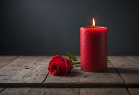A still life image of a red candle with a lit flame and a single red rose on a rustic wooden table. Generative Aiの素材