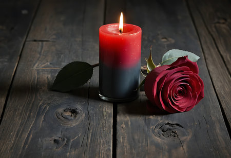 A still life image of a red candle with a lit flame and a single red rose on a rustic wooden table. Generative Aiの素材