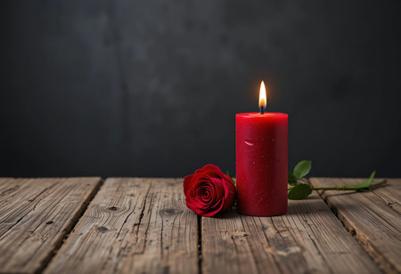 A still life image of a red candle with a lit flame and a single red rose on a rustic wooden table. Generative Aiの素材