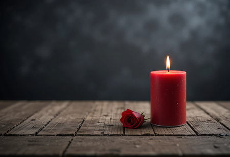 A still life image of a red candle with a lit flame and a single red rose on a rustic wooden table. Generative Aiの素材
