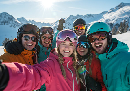 A group of cheerful friends, dressed in vibrant winter sports gear, take a selfie against a backdrop of snowy mountains under a bright sunny sky. Generative Aiの素材