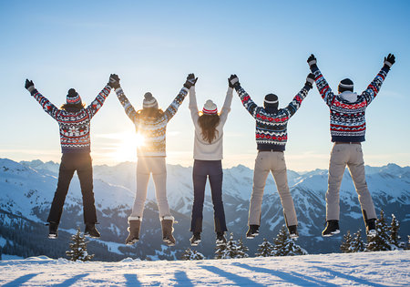 Four friends wearing festive patterned winter clothes are joyfully jumping in the air on a snowy mountaintop. Generative Aiの素材