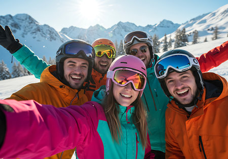 A group of cheerful friends, dressed in vibrant winter sports gear, take a selfie against a backdrop of snowy mountains under a bright sunny sky. Generative Aiの素材