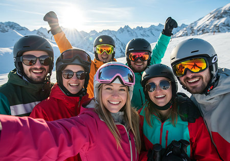 A group of cheerful friends, dressed in vibrant winter sports gear, take a selfie against a backdrop of snowy mountains under a bright sunny sky. Generative Aiの素材