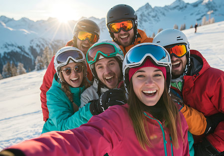 A group of friends, bundled in warm winter ski gear, are taking a selfie on a snowy mountaintop at sunset. Generative Aiの素材