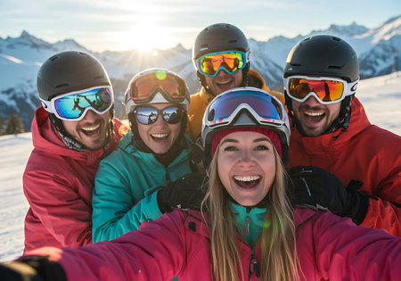 A group of friends, bundled in warm winter ski gear, are taking a selfie on a snowy mountaintop at sunset. Generative Aiの素材