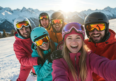 A group of friends, bundled in warm winter ski gear, are taking a selfie on a snowy mountaintop at sunset. Generative Aiの素材