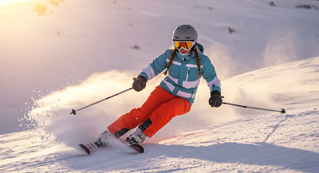 A dynamic image of a woman skiing at high speed down a snowy mountain slope at golden hour. Generative Aiの素材