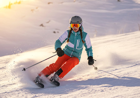 A dynamic image of a woman skiing at high speed down a snowy mountain slope at golden hour. Generative Aiの素材