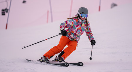 A young girl, expertly maneuvering skis on a pristine snowy slope. Generative Aiの素材
