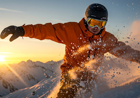 Close-up action shot of a snowboarder performing a high jump in a snow-covered mountain landscape at sunset Generative AIの素材