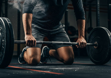 Close-up of a determined man kneeling in a gym, intensely gripping a barbell. Generative Aiの素材