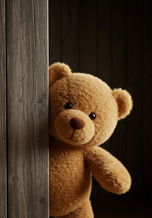 A charming teddy bear with a rich caramel color peeks through a gap between two rustic, dark-stained wooden planks. Generative Aiの素材