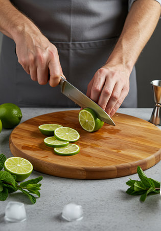Close-up image of a person meticulously slicing limes for a cocktail, likely a mojito or similar drink. Generative Aiの素材