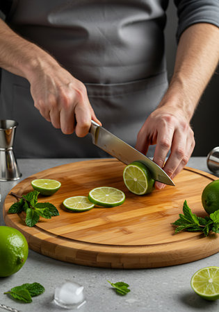 Close-up image of a person meticulously slicing limes for a cocktail, likely a mojito or similar drink. Generative Aiの素材