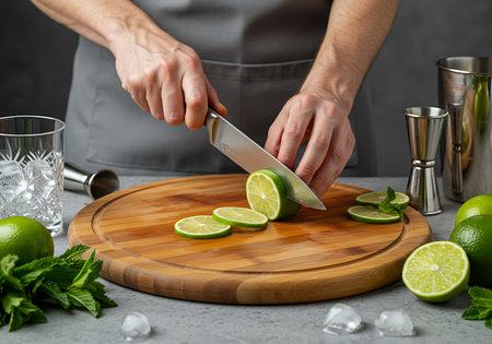 Close-up of a hand using a knife to slice limes on a wooden cutting board. Generative Aiの素材